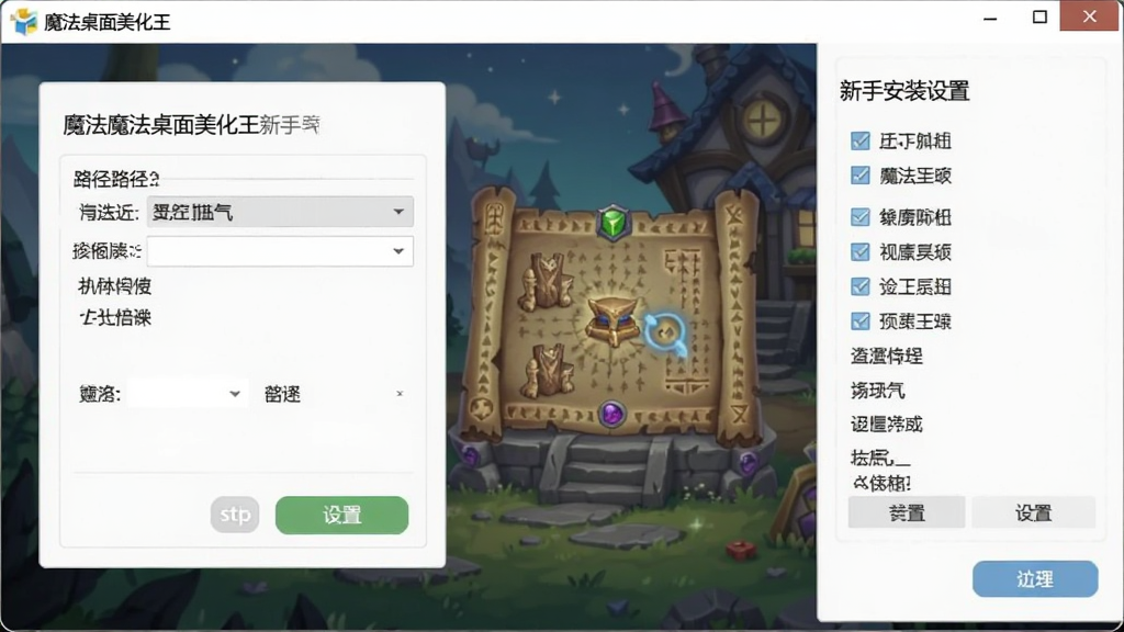 魔法桌面美化王新手安装与设置界面截图,画面中展示安装向导和设置选项,包含路径选择、组件勾选等步骤,界面友好,风格简洁,布局清晰,细节丰富,画质高清,干净,无多余元素