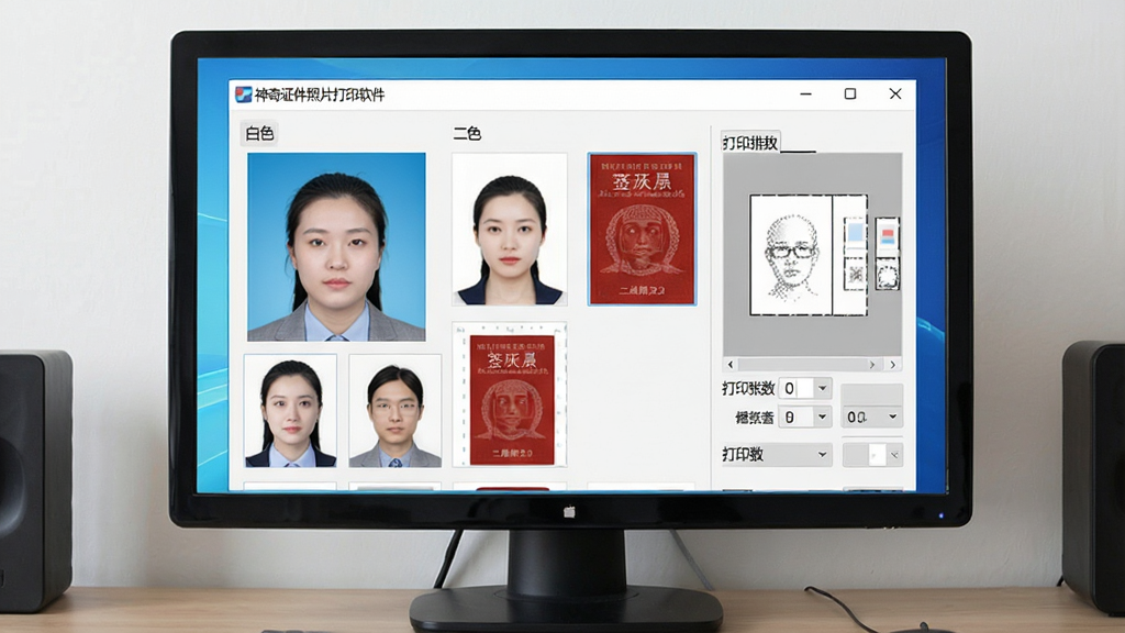 一张电脑桌面场景图,屏幕中央打开着“神奇证件照片打印软件”的操作界面,界面上显示多张不同底色的证件照缩略图与打印排版预览,主体是软件窗口,布局居中,排版整洁,风格为写实数码产品展示风,细节包括蓝色背景一寸照、白色背景二寸照、红色背景签证照以及打印张数设置区域,画质清晰,干净,无多余元素