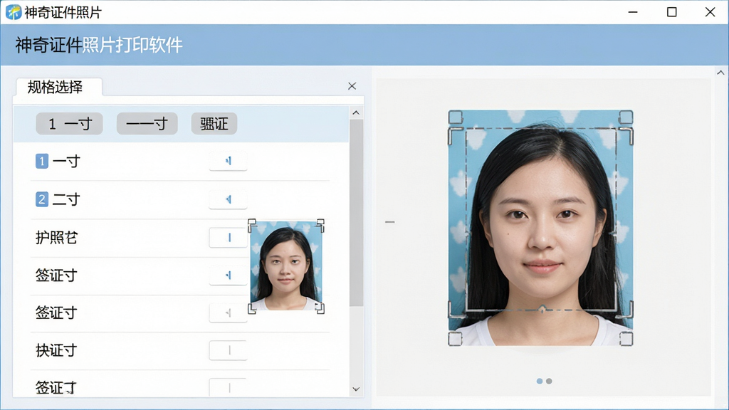 一张“神奇证件照片打印软件”功能展示图,画面主体是软件界面中的规格选择面板,布局为左侧规格列表、右侧照片预览,排版整齐,风格为清爽软件截图风,细节包括一寸、二寸、护照、签证等尺寸标签与自动裁剪后的头像效果,画质清晰,干净,无多余元素