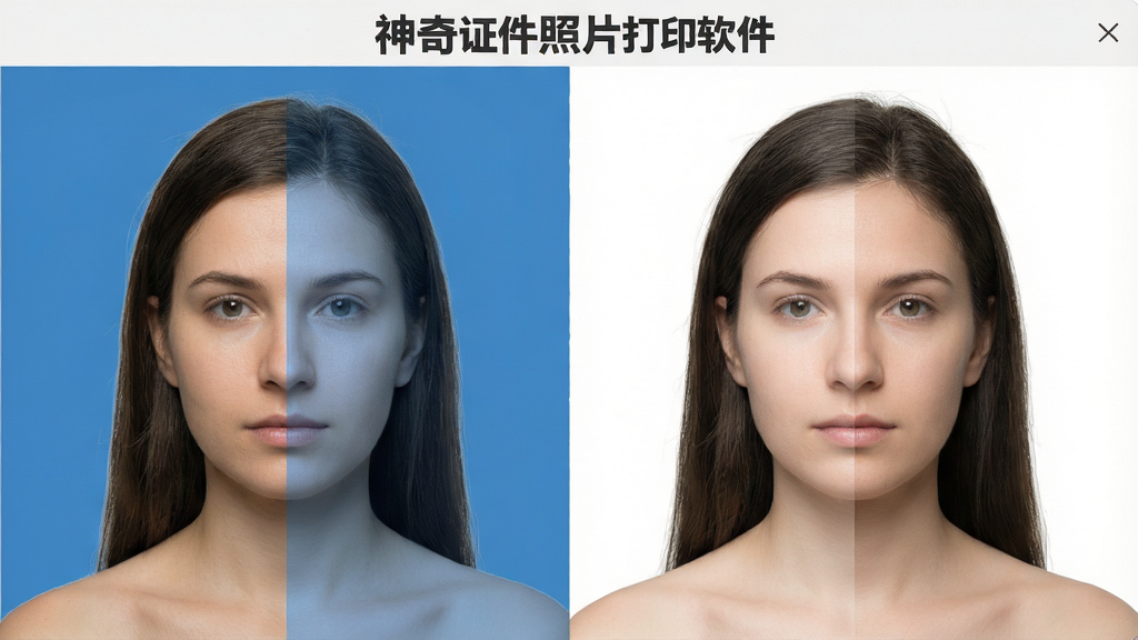一张“神奇证件照片打印软件”换底功能示意图,画面主体是人物证件照从蓝色背景切换到白色背景的过程,布局为左右对比展示,排版简洁,风格为写实人像处理风,细节包括发丝边缘、肩部轮廓与背景色块过渡,画质清晰,干净,无多余元素