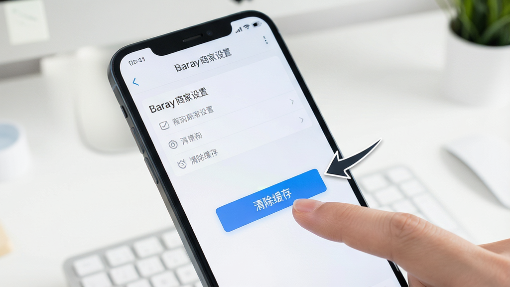手机屏幕显示Baray商家设置页面,手指正在点击“清除缓存”按钮,界面为浅色主题,背景为简约桌面环境,风格为UI操作示意图,细节包括按钮高亮和箭头指引,画质清晰干净,无多余元素
