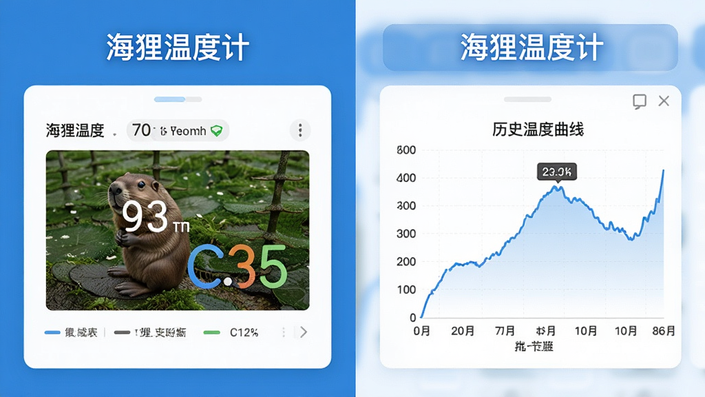 海狸温度计软件功能展示图,画面分为左右两部分,左侧展示实时温度监测界面,右侧展示历史温度曲线折线图,图中带有