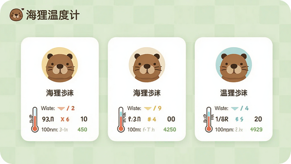 海狸温度计多用户档案管理界面示意图,画面中展示三个用户档案卡片并排排列,每个卡片上有不同的头像图标和温度记录摘要,背景为柔和的浅绿色,界面带有
