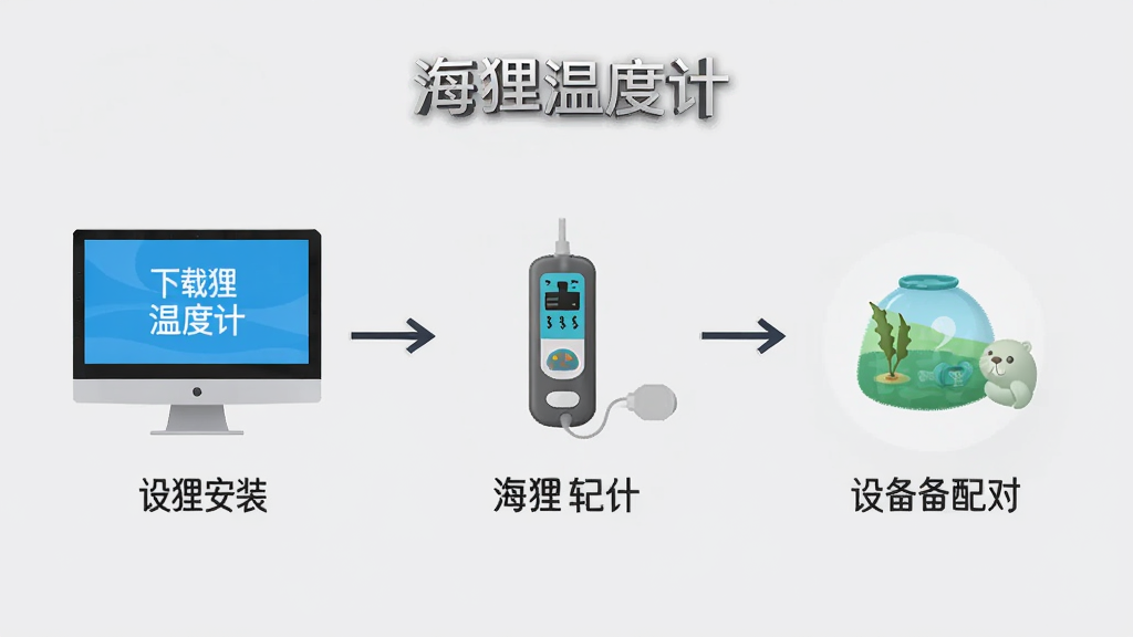 海狸温度计软件安装与设备连接操作流程图,画面以步骤图形式展示从下载安装到设备配对成功的完整流程,包含电脑屏幕和测温设备图标,背景为浅灰色,图中标注