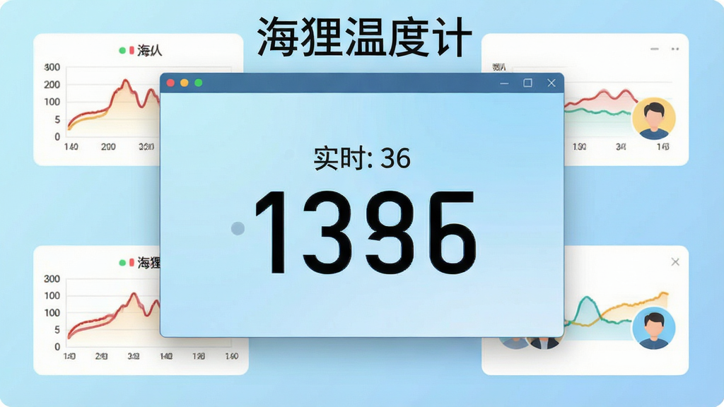 一张展示海狸温度计软件界面的预览图,画面中央是软件主窗口,窗口内显示实时温度读数和大号数字温度显示,背景为浅蓝色渐变,界面风格简洁现代,窗口周围环绕着温度曲线图表和用户档案头像图标,整体色调清新干净,画面中带有