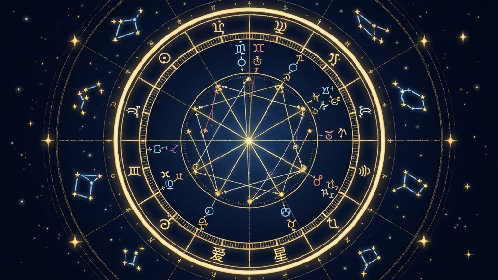 一幅科技感十足的占星主题插画,中心是一张发光的圆形星盘,十二宫位清晰可见,行星符号与相位线交错分布,周围有星座图案装饰,整体以深蓝夜色为底,点缀金色星光,风格精致专业,排版居中对称,细节丰富,画质高清,干净无多余元素,画面中带有“爱占星”文字。