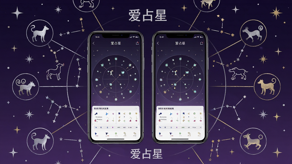 一幅展现二十八星宿关系的唯美插画,画面中央是两部手机并排显示星宿关系结果,周围环绕着中国古代星宿图案与连线,背景为深紫色夜空,点缀银色与金色星光,风格古典与现代融合,排版左右对称,细节精致,画质高清,干净无多余元素,画面中带有“爱占星”文字。