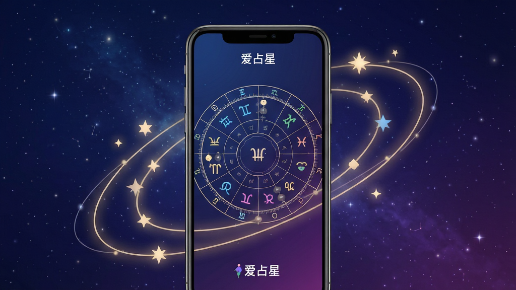 一幅以浩瀚星空为背景的画面,中央放置一部智能手机,手机屏幕上显示着爱占星的星盘界面,圆盘上分布着十二星座符号与行星标记,周围环绕着淡金色星光与轨道线条,整体采用深蓝与紫色渐变色调,风格现代神秘,排版简洁大气,细节精致,画质高清,干净无多余元素,画面中带有“爱占星”文字标识。