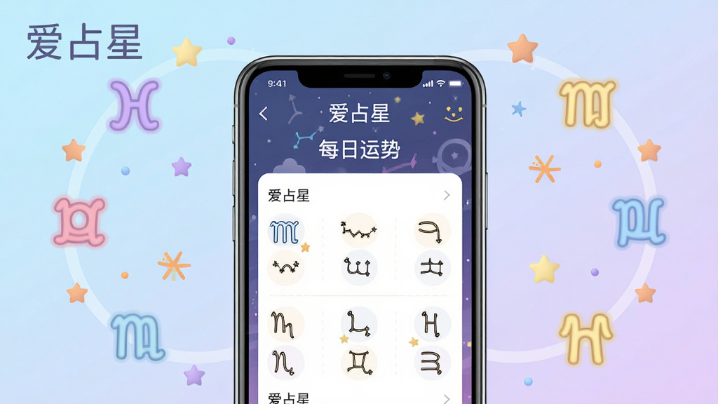 一幅清新风格的星座运势主题图,画面中央是一部手机展示爱占星的每日运势页面,周围环绕十二星座符号与幸运星装饰,背景为浅蓝与淡紫渐变,风格轻松明快,排版活泼有序,细节柔和,画质高清,干净无多余元素,画面中带有“爱占星”文字。
