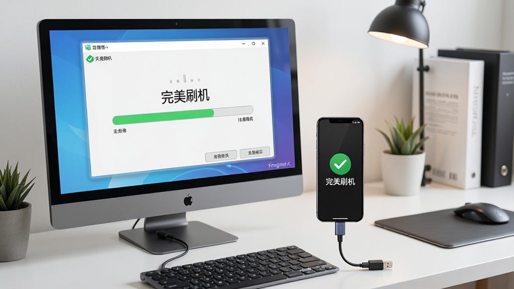 一张展示完美刷机一键刷机过程的图片,画面中电脑屏幕显示完美刷机软件界面,进度条正在推进,手机通过USB线连接在电脑旁,屏幕上有绿色的成功提示图标,背景是整洁的书桌环境,风格写实科技,细节丰富,画质高清,干净无多余元素