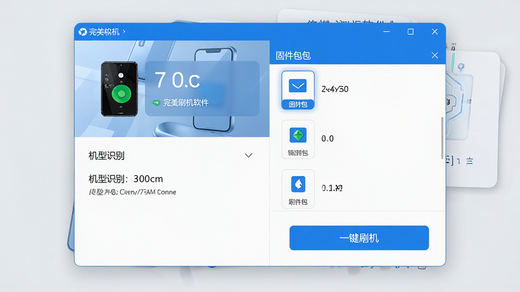 一张展示完美刷机软件主界面的图片,画面中央是软件窗口,左侧显示手机连接状态和机型识别信息,右侧展示固件包列表和一键刷机按钮,界面采用简洁的蓝白配色,背景是干净的浅灰色桌面,风格清爽科技感,细节清晰,画质高清,干净无多余元素