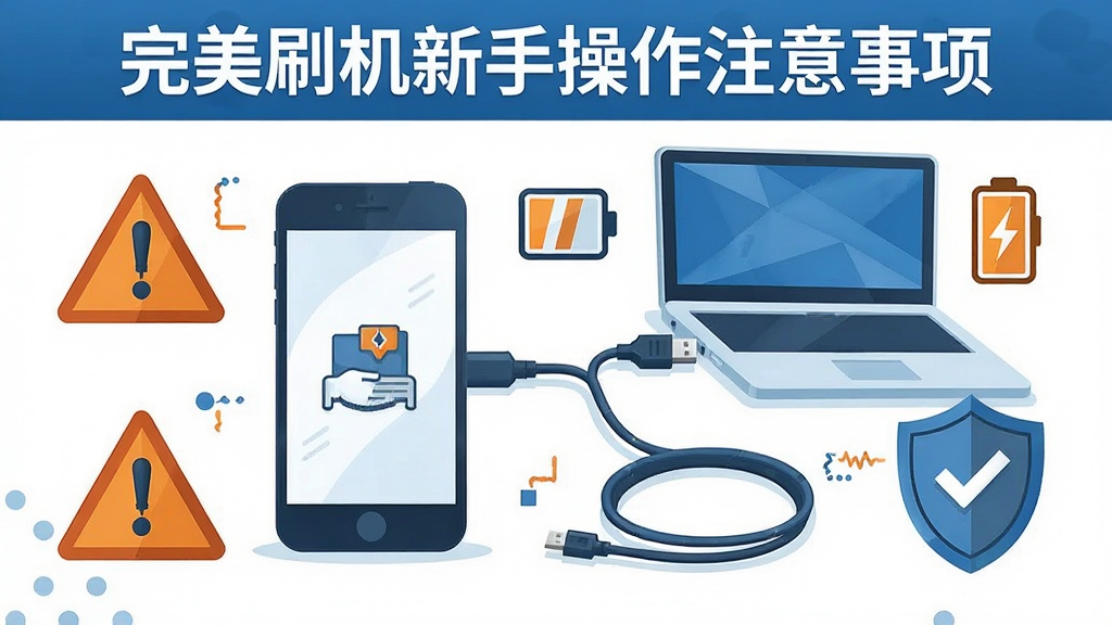 一张展示完美刷机新手操作注意事项的图片,画面以手机和电脑连接为核心,周围有警示标志、数据线、电量图标、盾牌等元素,采用扁平化插画风格,配色以蓝白橙为主,文字标注清晰,细节丰富,画质高清,干净无多余元素
