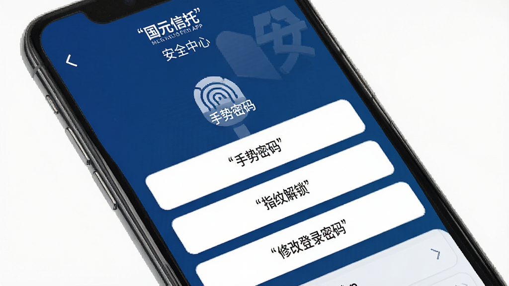 国元信托APP安全设置界面截图,手机屏幕显示安全中心页面,包含手势密码、指纹解锁、设备管理、修改登录密码等选项,界面风格沉稳专业,以深蓝色与白色为主色调,布局清晰,画质干净,无多余元素,屏幕中文字必须加引号: