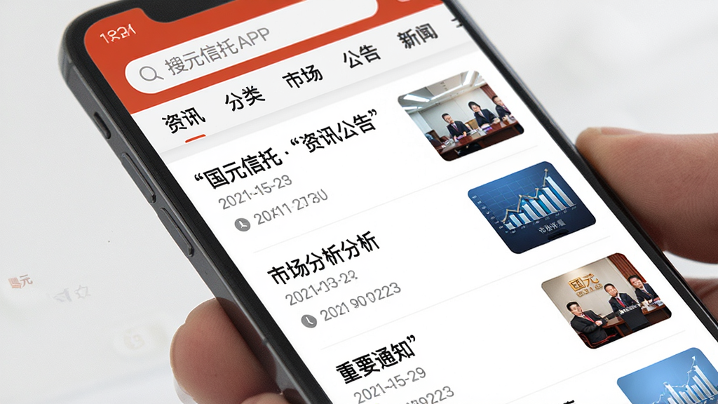 国元信托APP的资讯公告页面特写,画面中手机屏幕显示滚动新闻列表,每条资讯带有标题、日期与缩略图,顶部有搜索栏与分类标签,整体配色以白色为主、辅以国元信托品牌色点缀,风格简洁专业,排版清晰,画质细腻,无多余装饰元素,屏幕中文字必须加引号: