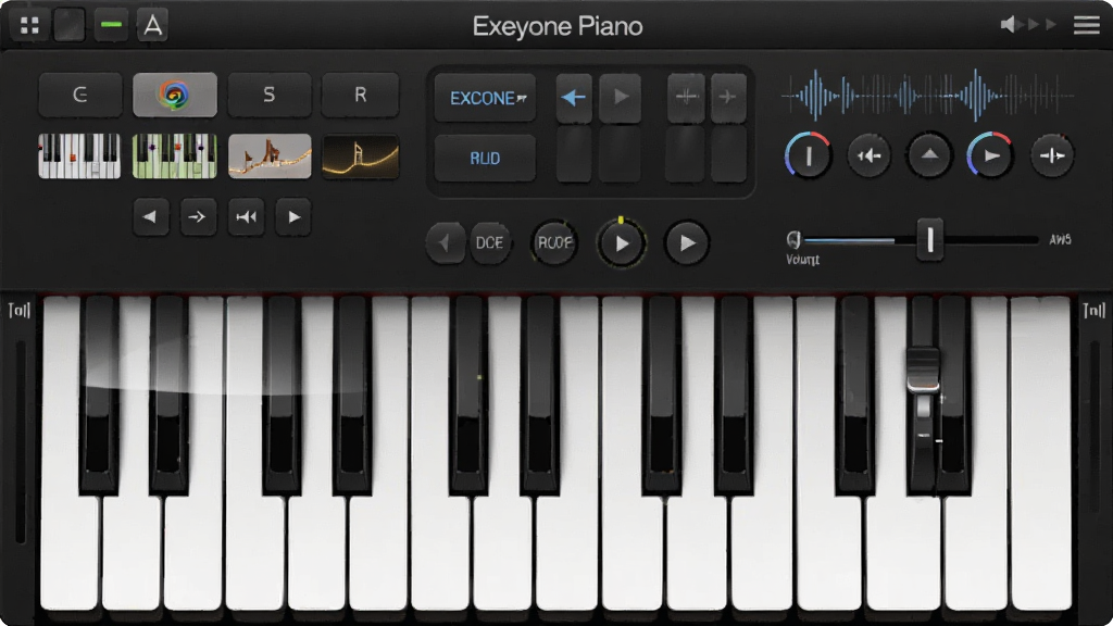 һ��չʾ Exeyone Piano �����������ͼƬ������������һ̨������ټ��̺����Ļ�·����Ϸ�����ɫѡ��ť�ͽ��������壬�����������Ű���У����Ϊ�ִ���Լ�Ƽ��У�ϸ�ڰ����ڰ��ټ����߹ⷴ�䡢�������飬���������ɾ��޶���Ԫ��