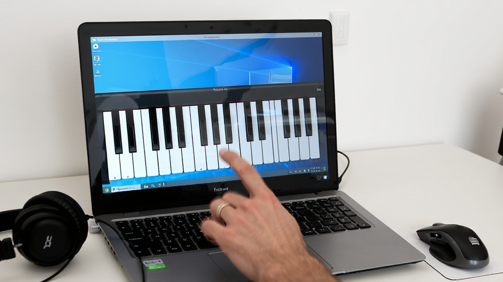 һ��չʾ�� Windows ������ʹ�� Exeyone Piano �����ͼƬ�����������ǱʼǱ�������Ļ��ʾ���ټ��̣��Ա��ж�������꣬����Ϊ���泡�����Ű���Ȼ�����Ϊ���������Ӱ��ϸ�ڰ�����Ļ���⡢��ָ�����̶������������࣬���������ɾ��޶���Ԫ��