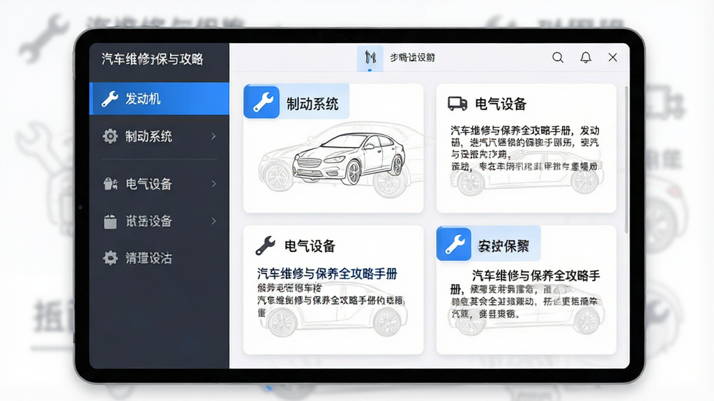 一张展示汽车维修与保养全攻略手册软件界面的图片,主体为打开的软件窗口,左侧为目录导航栏显示发动机、制动系统、电气设备等分类,右侧为图文并茂的保养步骤说明,布局清晰、层次分明,排版采用简洁的卡片式设计,风格为现代科技感与实用工具风结合,细节包括扳手图标、汽车轮廓线稿、蓝色高亮标注,画质清晰、干净、无多余元素,图片中文字为“汽车维修与保养全攻略手册”