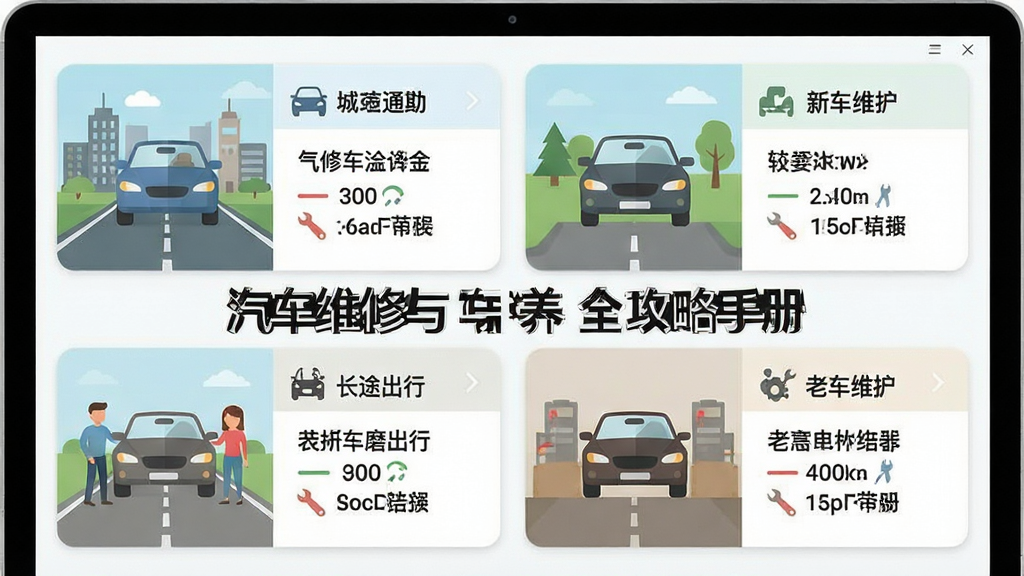 一张展示汽车维修与保养全攻略手册多场景适用性的图片,主体为软件界面中呈现城市通勤、长途出行、新车磨合、老车维护四个场景卡片,布局为四宫格排列,排版简洁、图标统一,风格为扁平化信息图,细节包括汽车图标、道路元素、里程数字,画质清晰、干净、无多余元素,图片中文字为“汽车维修与保养全攻略手册”
