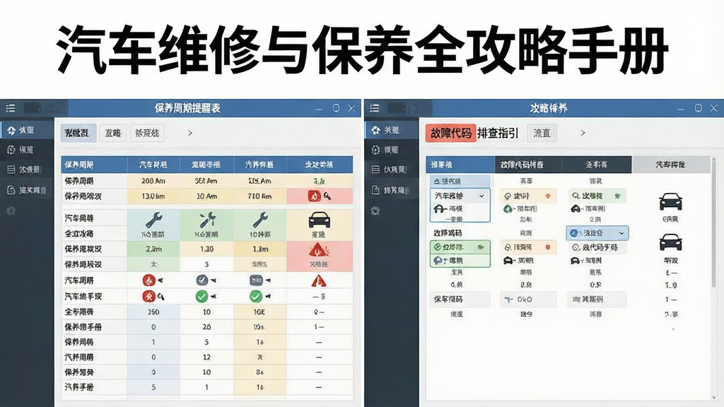 一张展示汽车维修与保养全攻略手册核心功能的图片,主体为软件界面分屏展示,左侧为保养周期提醒表,右侧为故障代码排查指引,布局采用左右分栏、顶部标题栏,排版整齐、信息层级分明,风格为专业工具类软件界面,细节包括表格线、高亮色块、汽车故障图标,画质清晰、干净、无多余元素,图片中文字为“汽车维修与保养全攻略手册”