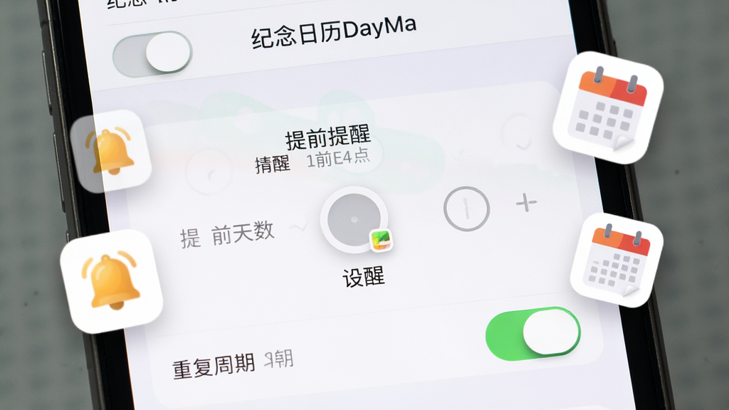 手机屏幕特写,显示纪念日历DayMa的提醒设置界面,有提前提醒天数选择器和重复周期选项,旁边漂浮着铃铛和日历图标,主体为手机界面,布局为居中特写,风格为功能演示,细节包括清晰的开关按钮和文字'纪念日历DayMa',画质高清,干净,无多余元素