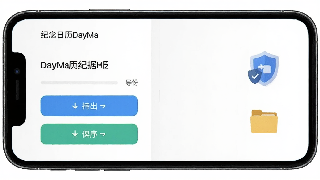 手机屏幕显示纪念日历DayMa的数据备份界面,有导出和导入按钮,旁边有盾牌图标和文件夹图标,主体为手机界面,布局为左右分栏,风格为安全隐私主题,细节包括文字'纪念日历DayMa'和备份进度条,画质高清,干净,无多余元素