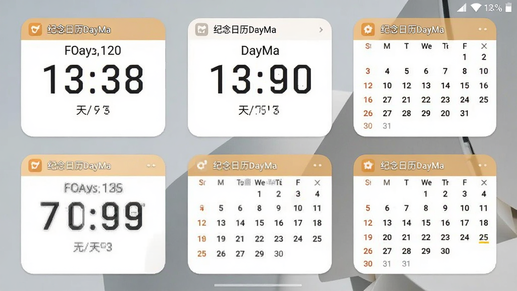 安卓手机桌面截图风格,桌面上放置纪念日历DayMa的多个小组件,分别显示倒计时天数和日历月视图,背景为简约壁纸,主体为桌面小组件布局,风格为真实手机桌面展示,细节包括小组件上的文字'纪念日历DayMa'和数字倒计时,画质高清,干净,无多余元素