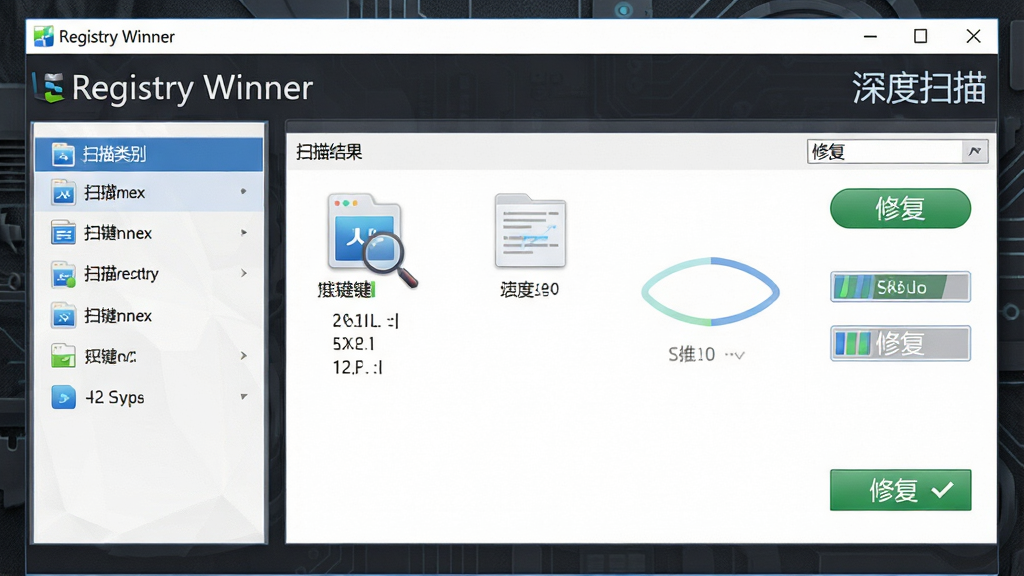 Registry Winner���ɨ�蹦��չʾͼ����������Ϊ����ɨ����棬�����ʾɨ������б����Ҳ�չʾɨ�������޸���ť������Ϊ���ɫ�Ƽ����������ֲ������ҷ����Ű棬���Ϊרҵ����������ͼ��ϸ�ڰ���ע�����ֵͼ������ȶ��������������ֱ�ע��Registry Winner���롰���ɨ�衱�����ʸ��壬�ɾ����޶���Ԫ��