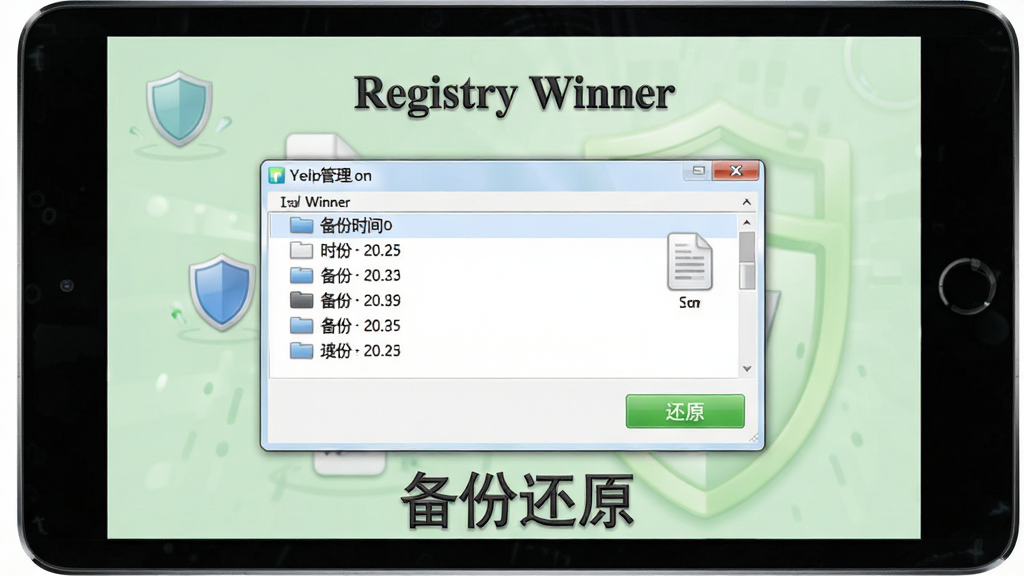 Registry Winner�����뻹ԭ����ʾ��ͼ����������Ϊ���ݹ������ڣ���ʾ����ʱ���б��뻹ԭ��ť������Ϊǳ��ɫ��ȫ���⣬���ֲ������½ṹ�Ű棬���Ϊ��๤�߽��棬ϸ�ڰ�������ͼ����ע����ļ�ͼ�꣬���������ֱ�ע��Registry Winner���롰���ݻ�ԭ�������ʸ��壬�ɾ����޶���Ԫ��