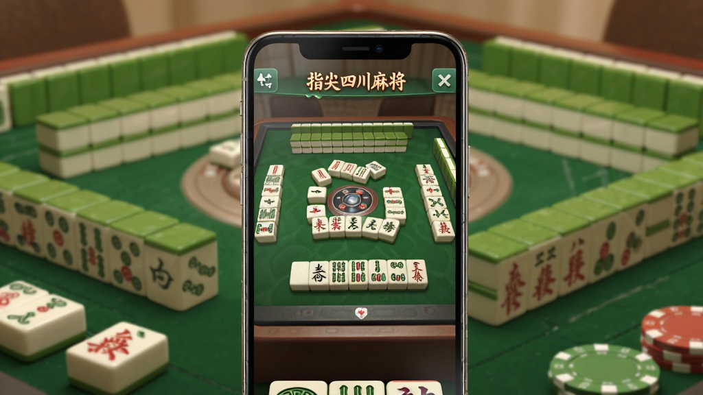 画面中央展示一部智能手机,屏幕上显示“指尖四川麻将”游戏界面,背景是温馨的麻将桌场景,四周散落着麻将牌和筹码,布局采用居中构图,风格为写实3D渲染,细节包含麻将牌纹理、手机金属边框反光、柔和室内灯光,画质高清,干净无多余元素