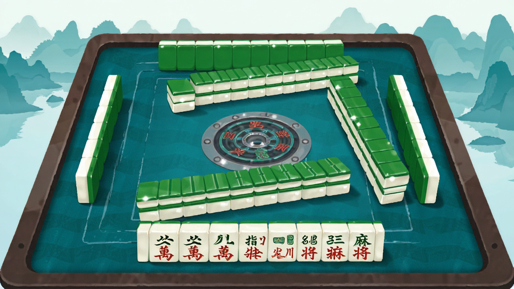 画面中心是一张虚拟麻将桌,桌上整齐排列着万、条、筒三门牌,牌面清晰可见“指尖四川麻将”字样,背景是四川山水剪影,布局采用俯视视角,风格为扁平化插画,细节包含牌面高光、桌布纹理、柔和阴影,画质清晰,干净无多余元素