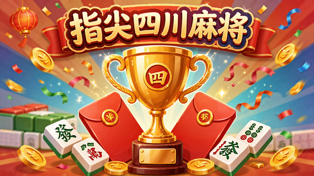 画面中央是一个奖杯和红包元素,背景是“指尖四川麻将”游戏logo和活动横幅,布局采用中心放射状构图,风格为喜庆节日插画,细节包含金币、彩带、麻将牌、光效,画质高清,干净无多余元素