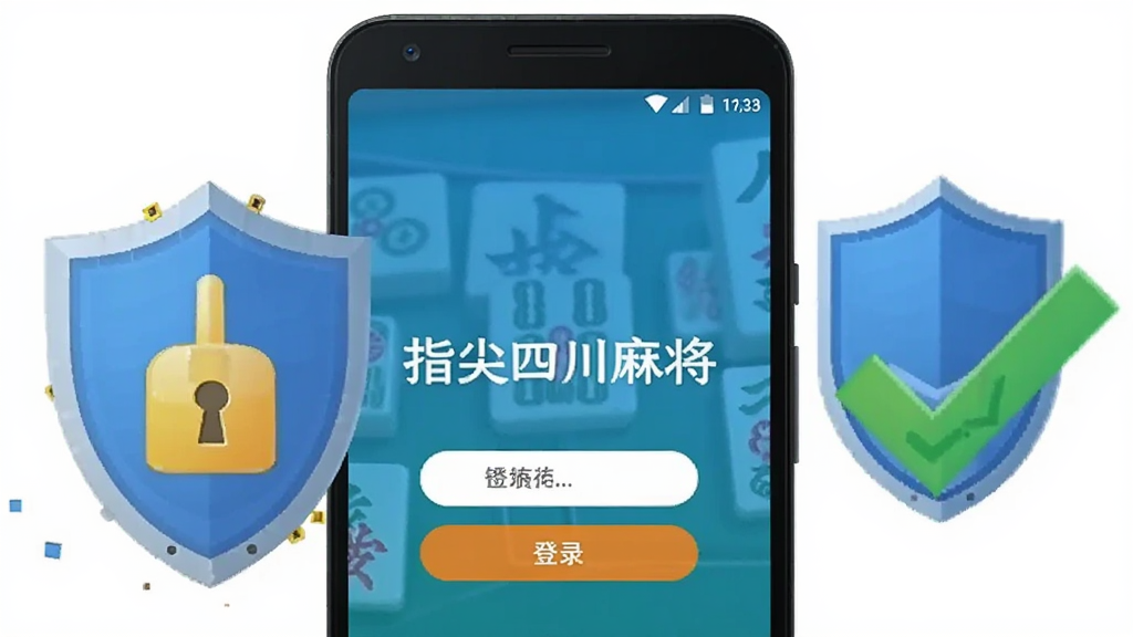 画面展示一部安卓手机,屏幕上显示“指尖四川麻将”登录界面,旁边有盾牌图标和勾选标记,布局采用居中构图,风格为安全提示插画,细节包含手机、盾牌、锁、绿色对勾,画质清晰,干净无多余元素