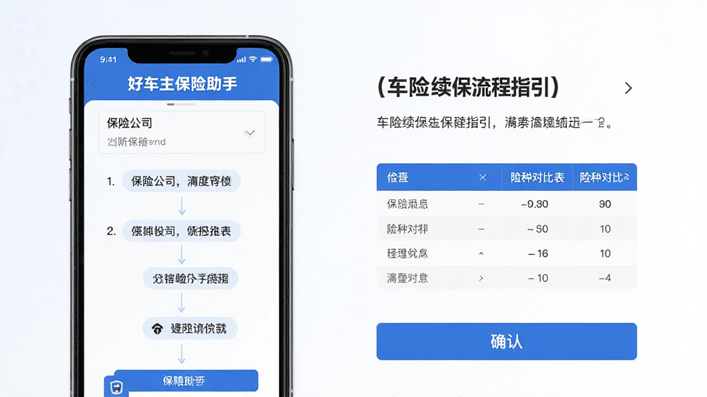 手机应用中展示车险续保流程指引页面的场景图,画面主体为