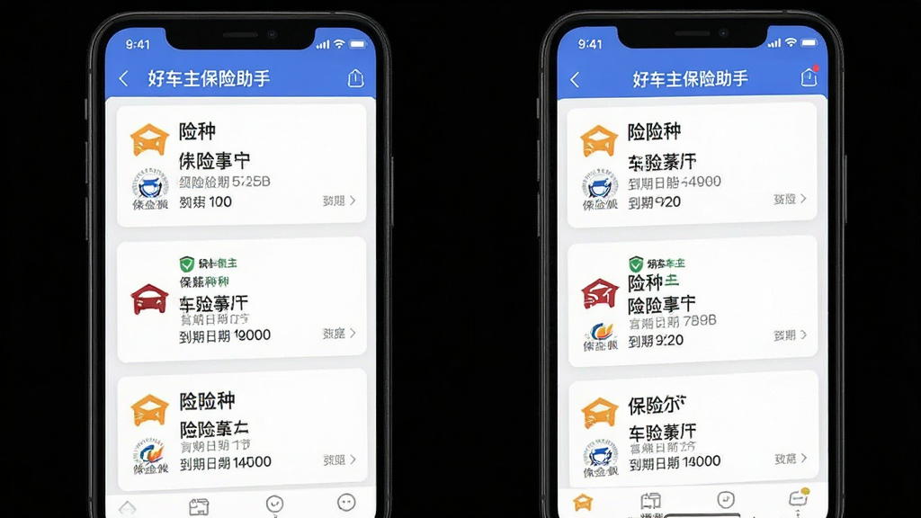 手机屏幕中展示多张车险保单卡片整齐排列的界面截图,画面主体为