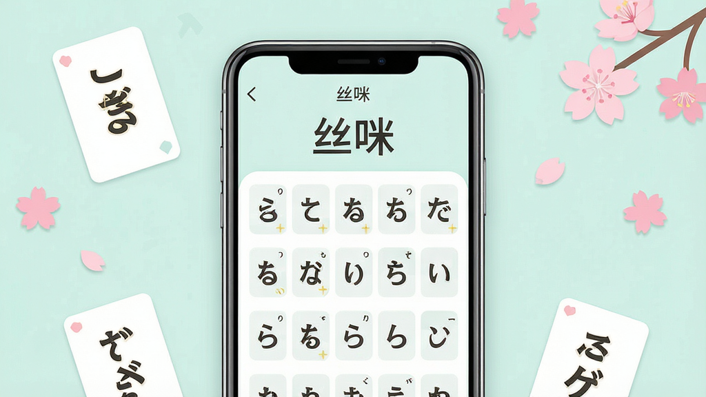 一张展示日语学习手机应用界面的预览图,画面中央放置一部智能手机,屏幕显示“丝咪”软件的五十音图学习页面,界面为清新浅色风格,上方有软件名称“丝咪”字样,周围散布日语假名卡片和樱花装饰元素,整体布局简洁,风格现代扁平化,细节清晰,画质干净,无多余元素