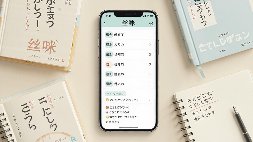一张AI生成的日语学习软件功能展示图,画面中央为手机屏幕显示“丝咪”软件的语法速查页面,屏幕上有语法条目列表和例句展示,手机周围环绕着日语教材和笔记本元素,整体布局居中对称,风格柔和清新,细节清晰,画质干净,无多余元素