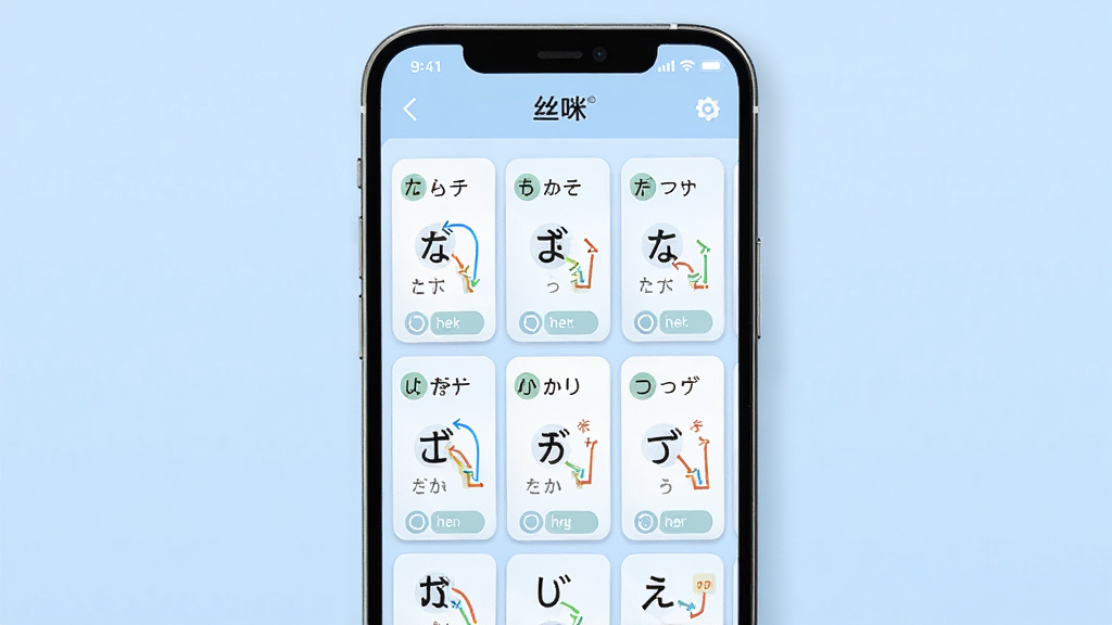 一张AI生成的日语学习场景图,画面主体为手机屏幕中显示“丝咪”软件的五十音图学习界面,平假名和片假名以卡片形式排列在屏幕中央,卡片带有发音图标和笔顺轨迹,背景为柔和浅蓝色,风格清新简约,细节清晰,画质干净,无多余元素