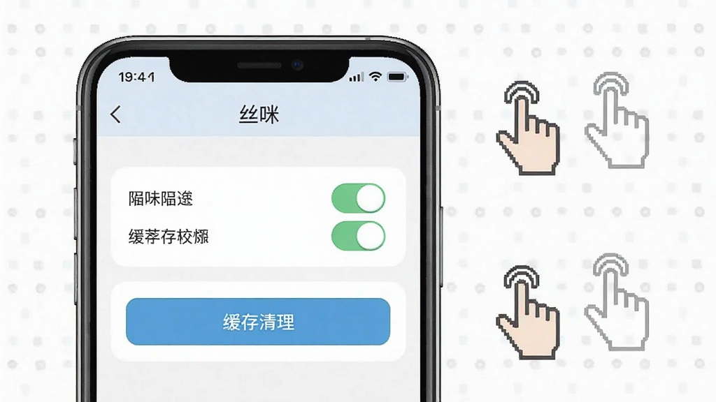 一张AI生成的手机应用操作指引图,画面主体为一部手机屏幕显示“丝咪”软件的设置页面,屏幕上有权限开关和缓存清理按钮,画面右侧有手势指引图标,整体布局简洁明了,风格扁平化设计,细节清晰,画质干净,无多余元素