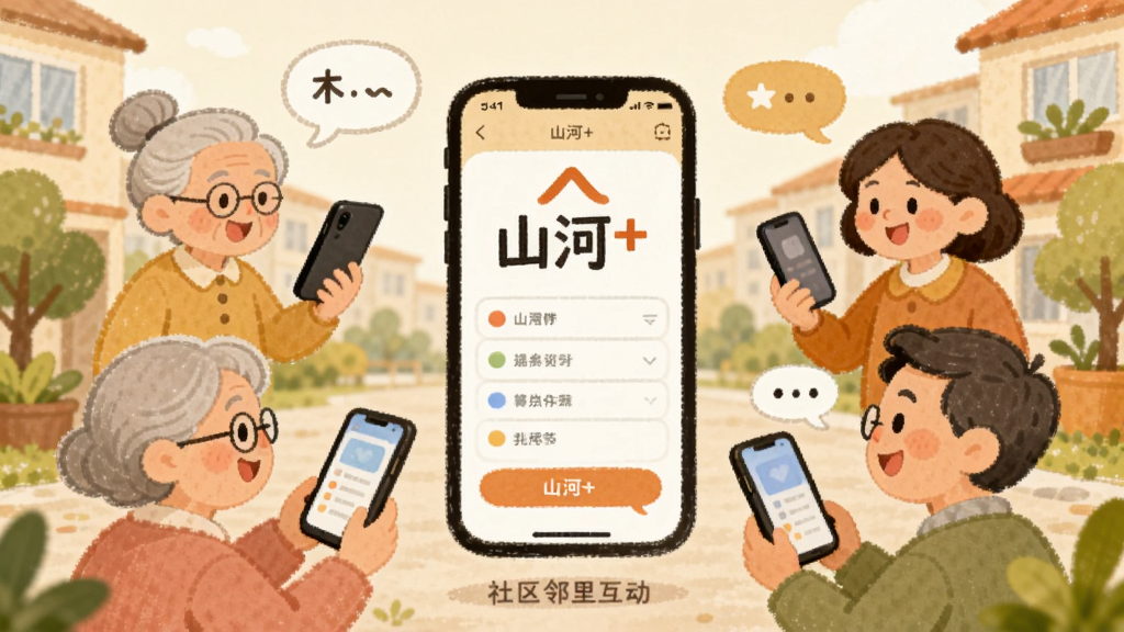 一幅描绘社区邻里互动的插画,画面中心是“山河+”手机界面悬浮在半空,周围环绕着不同年龄段的卡通人物正在用手机交流,背景为温馨的居民小区场景,布局采用环绕式构图,风格为温暖手绘风,细节包括人物笑脸、对话框和绿植点缀,画质柔和干净,无杂乱元素