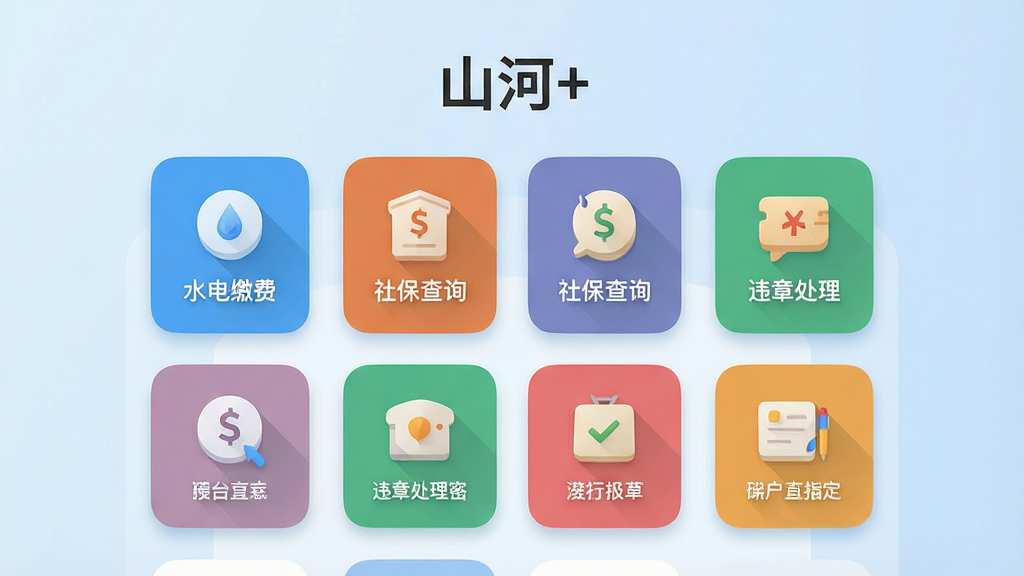 一张扁平化风格的插图,画面主体为“山河+”应用界面,界面中整齐排列着水电煤缴费、社保查询、违章处理等彩色图标卡片,背景为柔和的浅蓝色渐变,布局采用中心对称网格,风格为现代简约UI展示,细节包括图标微立体阴影和圆角卡片,画质高清干净,无多余装饰元素