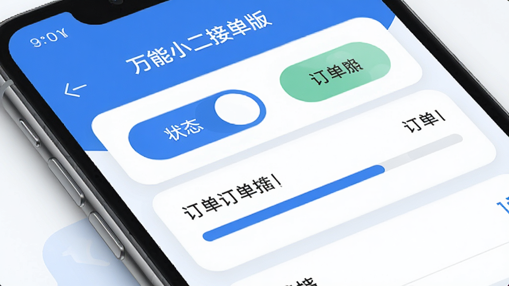 手机界面特写,展示“万能小二接单版”的订单管理面板,面板上有状态切换按钮和订单进度条,配色以蓝白为主,图标简洁,周围有轻微的阴影与圆角设计,画面干净,文字清晰,高清画质