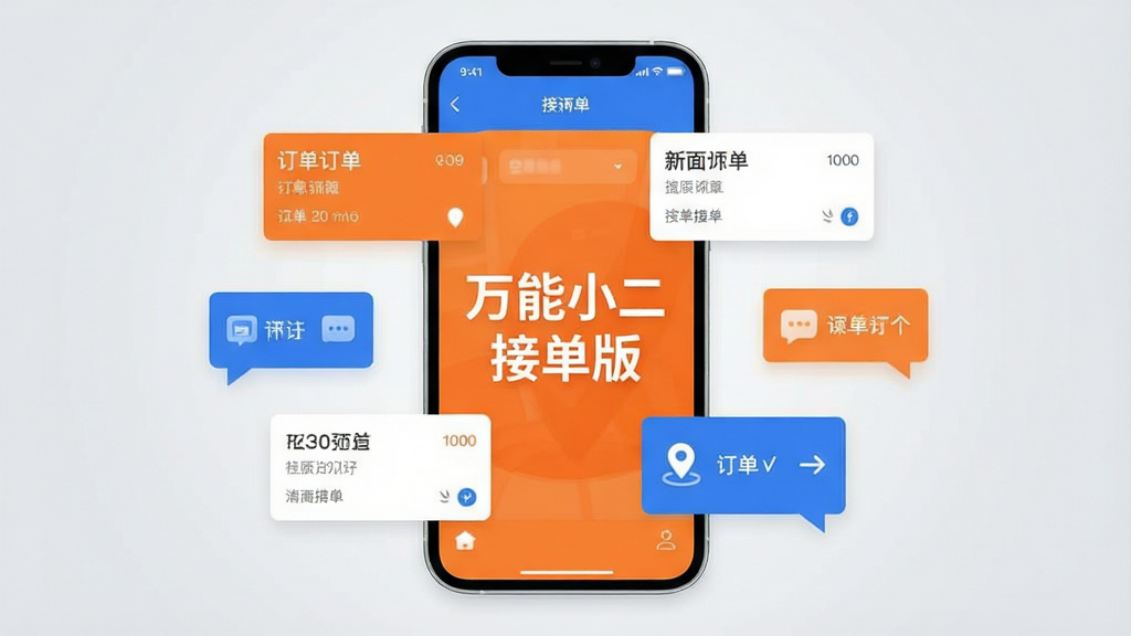 手机屏幕正中央展示一款橙蓝色调的接单应用界面,界面中清晰显示“万能小二接单版”字样,周围环绕着订单卡片、地图定位图标、消息气泡等元素,背景为浅灰色渐变,整体采用扁平化UI风格,画面干净整洁,文字清晰无多余装饰,高清画质