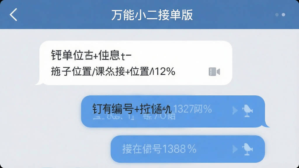 手机聊天界面截图风格,顶部显示“万能小二接单版”对话窗口,对话气泡中包含订单编号与位置信息,界面清爽,蓝灰色调,文字排列整齐,无杂乱元素,高清画质