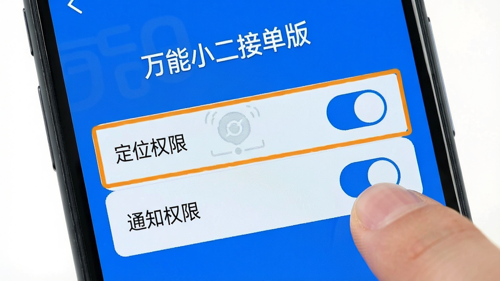 手机屏幕显示“万能小二接单版”的设置页面,高亮标注“定位权限”和“通知权限”开关,界面简洁,蓝色主色调,手指正点击开关按钮,画面干净,文字清晰,高清画质