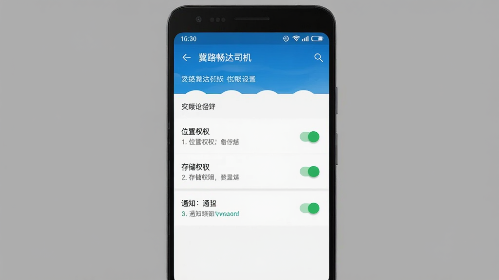 手机屏幕展示“冀路畅达司机”应用在安卓手机上的权限设置界面,主体是手机和设置菜单,布局为手机竖屏居中,背景为简洁灰色,风格为系统界面截图风,细节包括位置权限、存储权限、通知权限的开关状态,画质清晰、干净、无多余元素