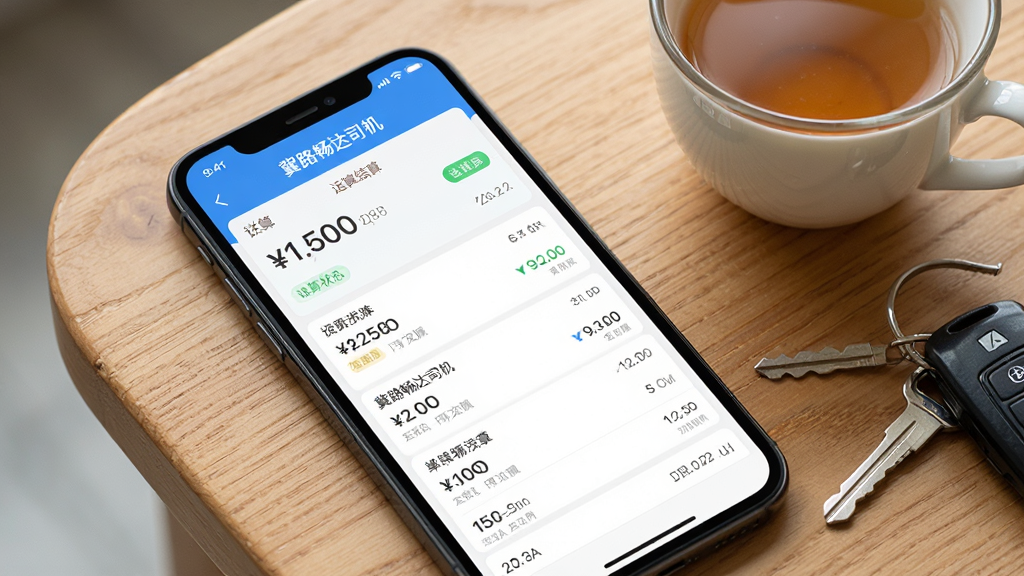 手机屏幕显示“冀路畅达司机”应用的运费结算页面,主体是手机和账单列表,布局为手机斜放在木质桌面上,旁边有一杯茶和车钥匙,风格为生活场景写实风,细节包括屏幕上显示的金额数字、结算状态标签和日期信息,画质清晰、干净、无多余元素