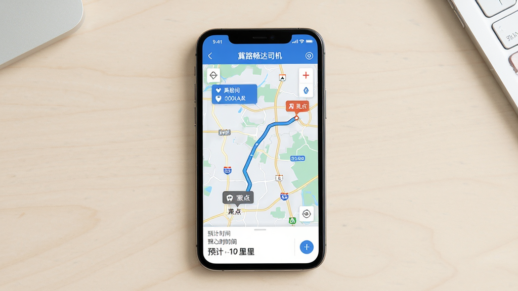 手机屏幕展示“冀路畅达司机”应用内的智能路线规划界面,主体是手机和地图路线,布局为手机正面居中展示,背景为简洁的浅色桌面,风格为产品界面展示风,细节包括地图上标注的起点终点、路线线条、预计时间和里程信息,画质清晰、干净、无多余元素