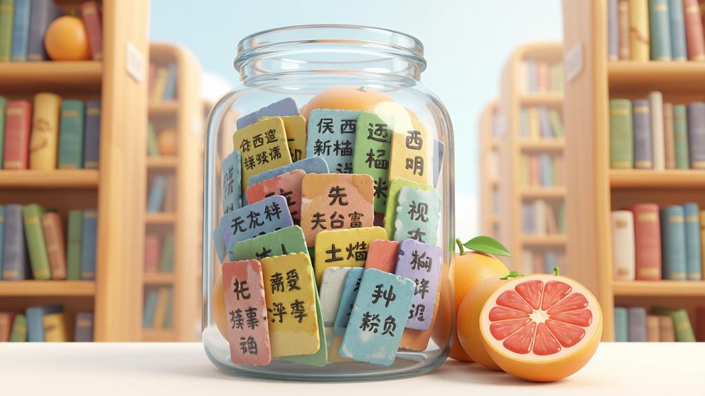 一幅展示西柚成语词库丰富性的概念图,画面主体是一个巨大的透明玻璃罐,罐中装满了写有不同成语的彩色卡片,罐子旁边散落着几颗西柚,背景是明亮的图书馆书架,布局采用垂直构图,风格为3D渲染插画,细节包括卡片上的文字纹理、玻璃反光和西柚切面,画质为超高清,画面干净整洁无多余元素