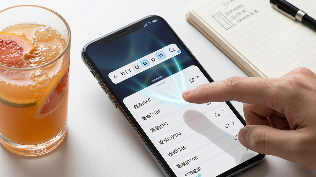 一幅展示西柚成语智能搜索功能的场景图,画面中一只手正在点击手机屏幕上的搜索框,搜索框内显示拼音首字母,屏幕下方弹出相关的成语搜索结果列表,手机旁边放着一杯西柚汁和一本笔记本,布局采用对角线构图,风格为写实科技风,细节包括屏幕光效、手指动作和果汁气泡,画质为高清,画面干净无多余元素