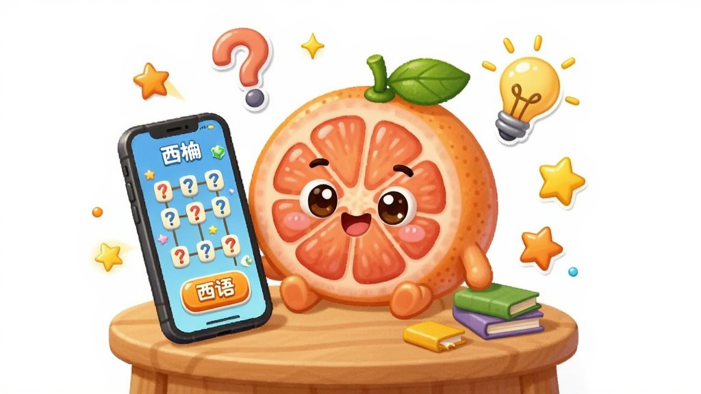 一幅展示西柚成语趣味学习模式的插画,画面中一个卡通西柚形象坐在书桌前,桌上摆放着手机,手机屏幕显示成语接龙游戏界面,周围漂浮着问号、灯泡和星星等元素,布局采用中心发散构图,风格为可爱卡通风,细节包括西柚的表情、游戏按钮和漂浮图标,画质为高清,画面干净活泼无多余元素
